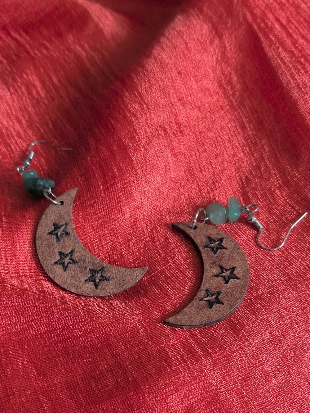 Handcrafted Crescent Moon Wood Earrings with Green Beads